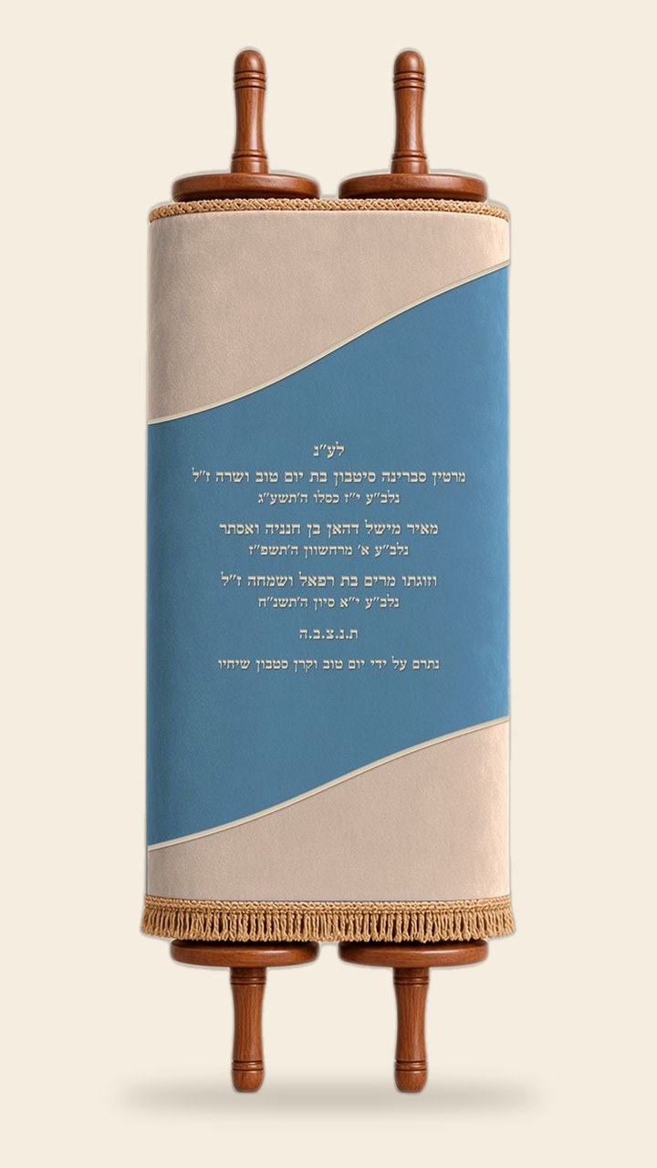 מעיל לספר תורה – שמנת ותכלת בגלים